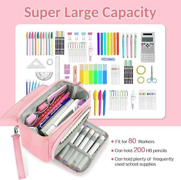 Sooez Super Large Pencil Case, Big Capacity Pencil Bag with 3 Compartments, Hold 200 pencils, Cute Pencil Pouch with Zipper, Portable Stationery Pen Bag, Aesthetic School Supplies For Girls, Pink - Image 6