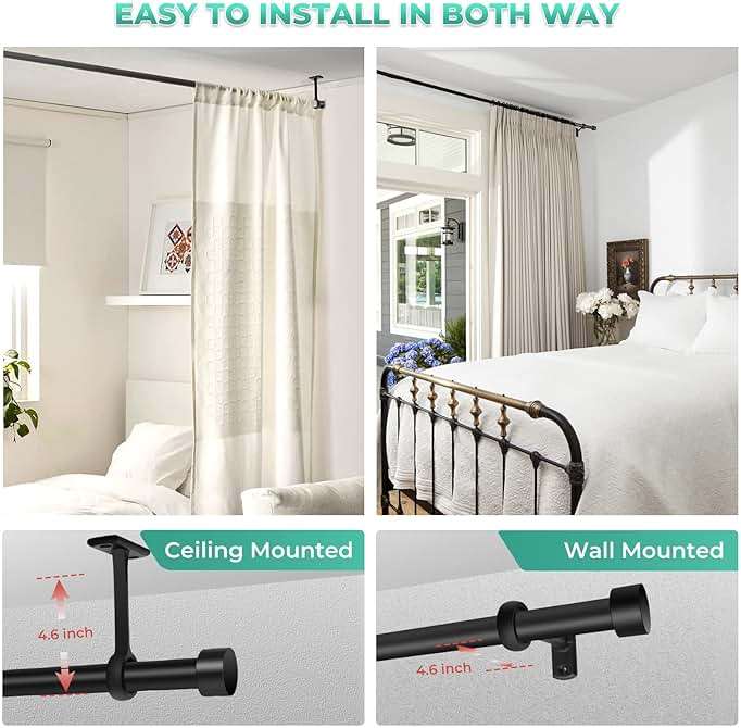 Extra Long Curtain Rods for Windows 120" to 240", 1 Inch Matte Black Drapery Rod For Bedroom Living Room Divider Adjustable Heavy Duty Outdoor Curtain Rod for Patio Cap Finials - Image 6
