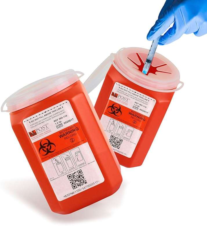 Post Medical - 1.0 Quart Sharps Container - Case of 6, Puncture-Resistant Sharps Disposal Container, Needle & Syringe Disposal Container, Leak-Tight Biohazard Containers with Snap Tight Lid, Red - Image 1