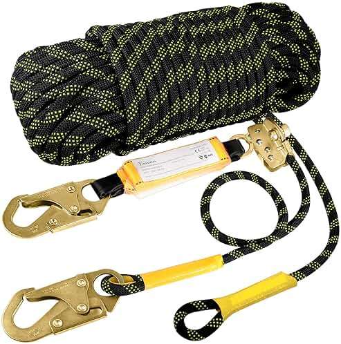 TRSMIMA Rope Harness Safety Lanyard：50ft Vertical Roofing Rope with Grab Snap Hooks Shock Absorber - Fall Protection Tree Climbing Line Kit Heavy Duty Roof Safety Equipment ANSI CE - Image 1