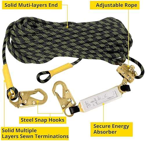 TRSMIMA Rope Harness Safety Lanyard：50ft Vertical Roofing Rope with Grab Snap Hooks Shock Absorber - Fall Protection Tree Climbing Line Kit Heavy Duty Roof Safety Equipment ANSI CE - Image 2