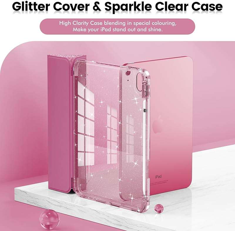 INFILAND Compatible with iPad A16 11th Generation 11 Inch 2025 Case, iPad Case 10th Generation 10.9 Inch, Glitter Cute Cover with Clear Sparkly Back, Pencil Holder, for Kids Girls Woman (Rose Pink) - Image 3