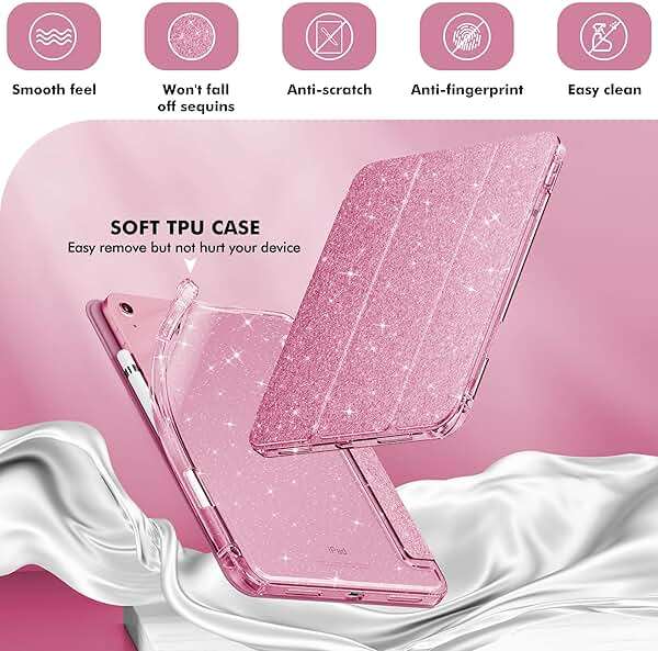 INFILAND Compatible with iPad A16 11th Generation 11 Inch 2025 Case, iPad Case 10th Generation 10.9 Inch, Glitter Cute Cover with Clear Sparkly Back, Pencil Holder, for Kids Girls Woman (Rose Pink) - Image 4