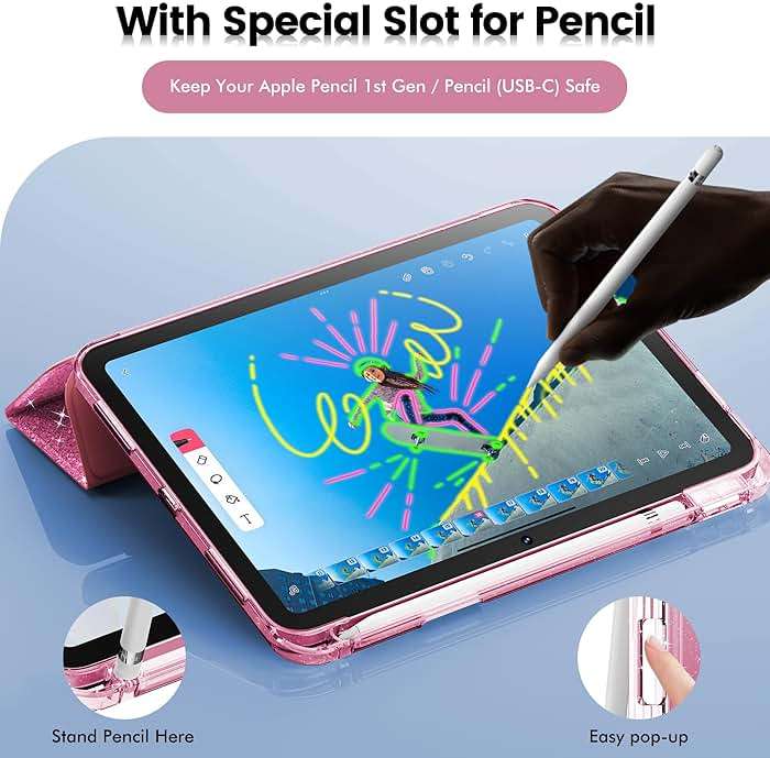 INFILAND Compatible with iPad A16 11th Generation 11 Inch 2025 Case, iPad Case 10th Generation 10.9 Inch, Glitter Cute Cover with Clear Sparkly Back, Pencil Holder, for Kids Girls Woman (Rose Pink) - Image 6