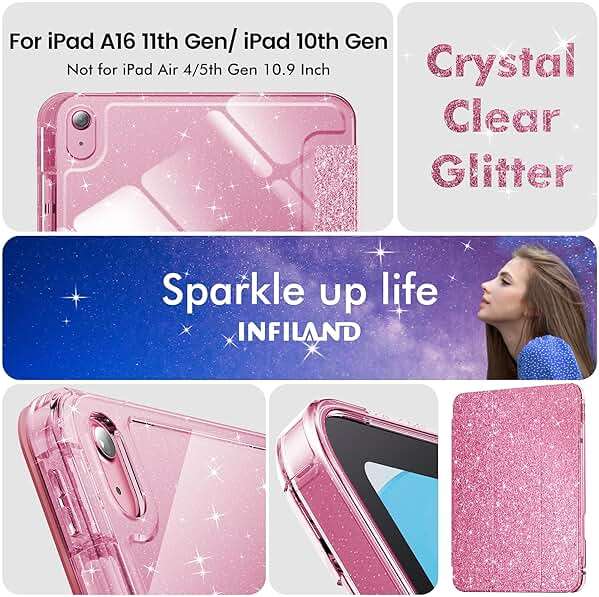 INFILAND Compatible with iPad A16 11th Generation 11 Inch 2025 Case, iPad Case 10th Generation 10.9 Inch, Glitter Cute Cover with Clear Sparkly Back, Pencil Holder, for Kids Girls Woman (Rose Pink) - Image 8