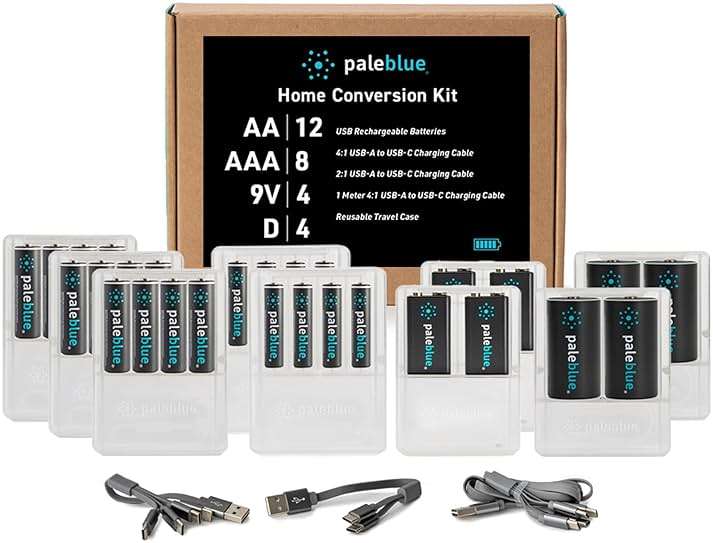 paleblue USB Rechargeable Battery Home Conversion Kit for Sustainable Living – Includes (12) AA, (8) AAA, (4) 9V, (4) D Batteries, and (3) USB-A to USB-C Charging Cables - Image 1