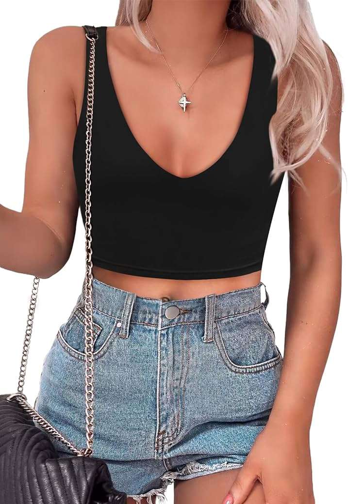 SAUNGKUAI Women's Crop Tops Deep V Neck Sleeveless Backless Double Lined Cropped Tank Top for Going Out - Image 1