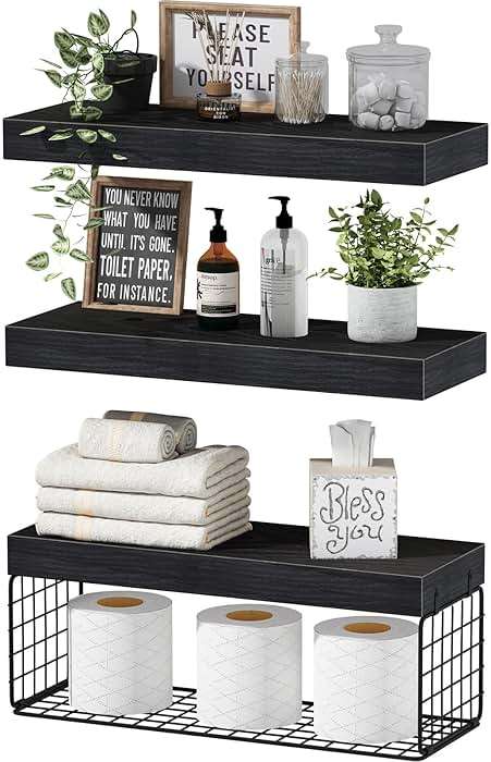 QEEIG Bathroom Shelves Over Toilet - Wall Mounted Floating Shelves Toilet Paper Storage Small Farmhouse Decor Shelf 16 inch Set of 3, Black (019-B3) - Image 1