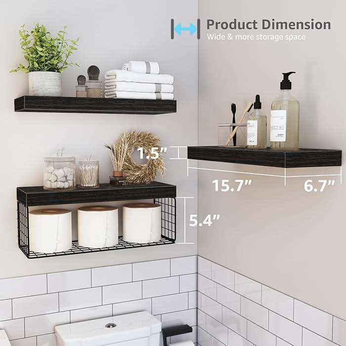 QEEIG Bathroom Shelves Over Toilet - Wall Mounted Floating Shelves Toilet Paper Storage Small Farmhouse Decor Shelf 16 inch Set of 3, Black (019-B3) - Image 3