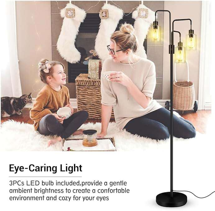 BoostArea Industrial Floor Lamp for Living Room,Glass Lampshade,Modern Stand Up Lamp with 3 Light,Simple Design Floor Lamp for Bedroom, Living Room, Office, Kids Room, Reading - Image 7