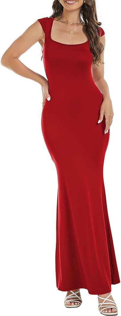 Womens Summer Cap Sleeve Square Neck Elegant Casual Lounge Bodycon Slim Maxi Evening Party Long Dress - Image 2