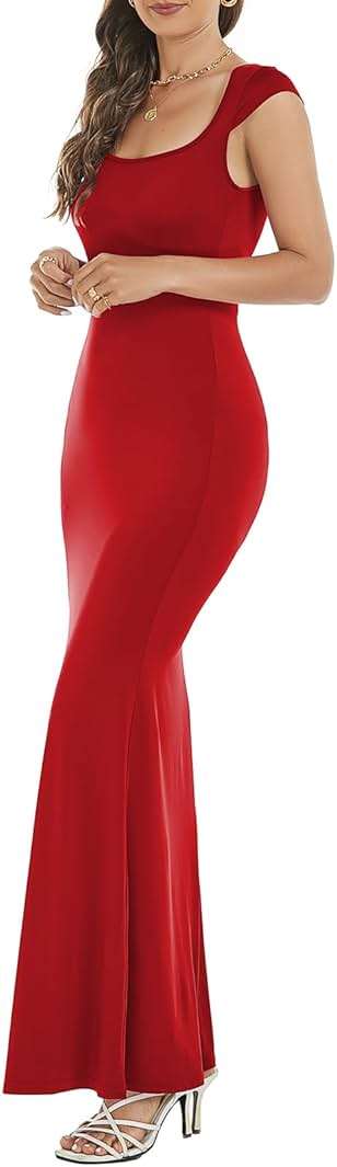 Womens Summer Cap Sleeve Square Neck Elegant Casual Lounge Bodycon Slim Maxi Evening Party Long Dress - Image 5