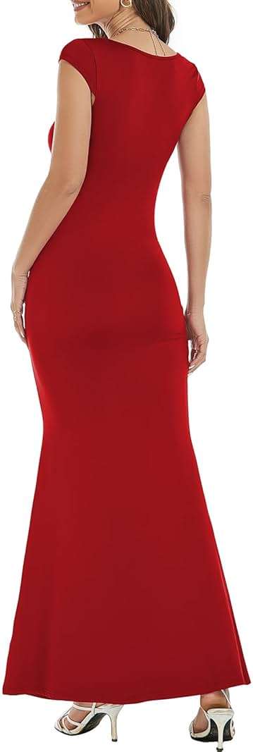 Womens Summer Cap Sleeve Square Neck Elegant Casual Lounge Bodycon Slim Maxi Evening Party Long Dress - Image 6