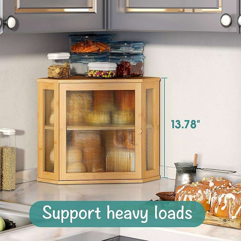 viewcare Corner Bread Box for Kitchen Counter, Bamboo Wood Large Capacity Bread Storage Bin with Acrylic Wavy Door Panel (Natural, Meduim) - Image 6