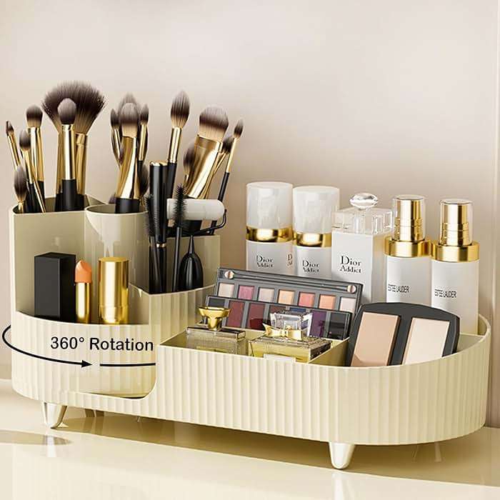 Rotating Makeup Organizer for Vanity with Brush Holder, Cosmetic Makeup Storage Organizer, Large Spinning Makeup Skincare Organizer, Countertop Makeup Perfume Organizer, Lotions Display Case Ivory - Image 1