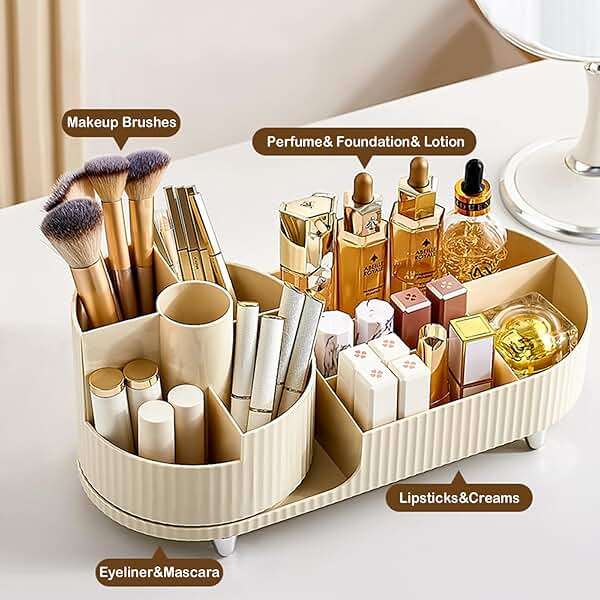 Rotating Makeup Organizer for Vanity with Brush Holder, Cosmetic Makeup Storage Organizer, Large Spinning Makeup Skincare Organizer, Countertop Makeup Perfume Organizer, Lotions Display Case Ivory - Image 3