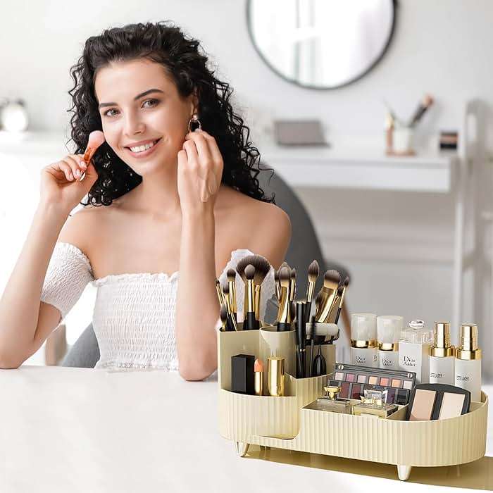 Rotating Makeup Organizer for Vanity with Brush Holder, Cosmetic Makeup Storage Organizer, Large Spinning Makeup Skincare Organizer, Countertop Makeup Perfume Organizer, Lotions Display Case Ivory - Image 4