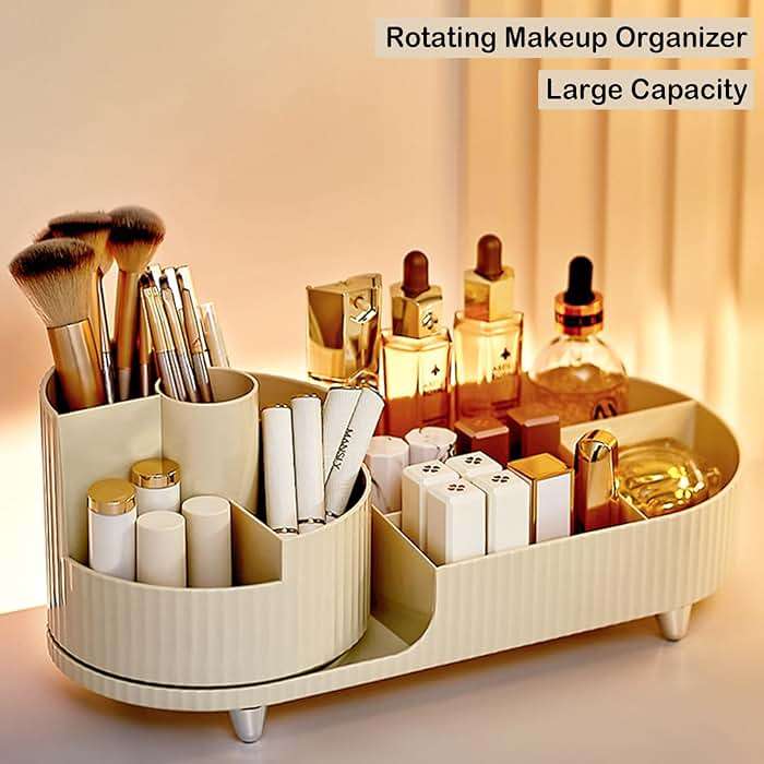 Rotating Makeup Organizer for Vanity with Brush Holder, Cosmetic Makeup Storage Organizer, Large Spinning Makeup Skincare Organizer, Countertop Makeup Perfume Organizer, Lotions Display Case Ivory - Image 7