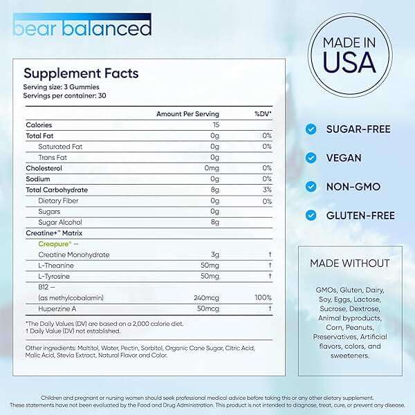 Bear Balanced Creatine Gummies for Men & Women - Creapure® Creatine Monohydrate, L-Theanine, L-Tyrosine & B12 for Muscle Growth, Strength, Focus, Energy & Health - Low Calorie, Sugar-Free, & Vegan - Image 4