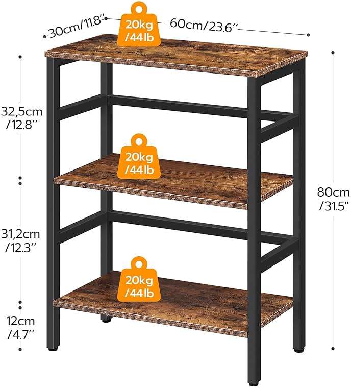HOOBRO 3 Tier Bookshelf, 23.6" L Industrial Bookcase, Record Storage Rack with Side Fence, Storage Shelf with Metal Frame, Rustic Open Display Shelf for Living Room, Bedroom, Rustic Brown BF86CJ01G1 - Image 3