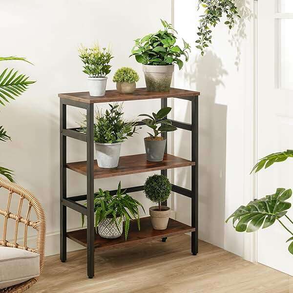HOOBRO 3 Tier Bookshelf, 23.6" L Industrial Bookcase, Record Storage Rack with Side Fence, Storage Shelf with Metal Frame, Rustic Open Display Shelf for Living Room, Bedroom, Rustic Brown BF86CJ01G1 - Image 5