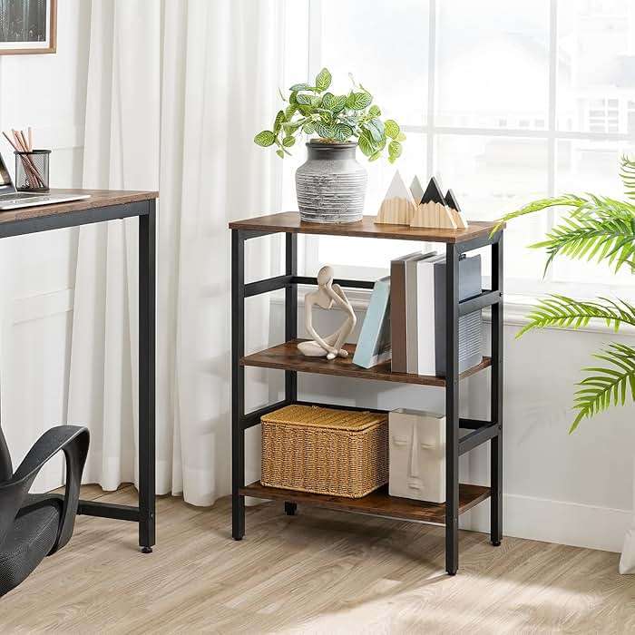 HOOBRO 3 Tier Bookshelf, 23.6" L Industrial Bookcase, Record Storage Rack with Side Fence, Storage Shelf with Metal Frame, Rustic Open Display Shelf for Living Room, Bedroom, Rustic Brown BF86CJ01G1 - Image 9