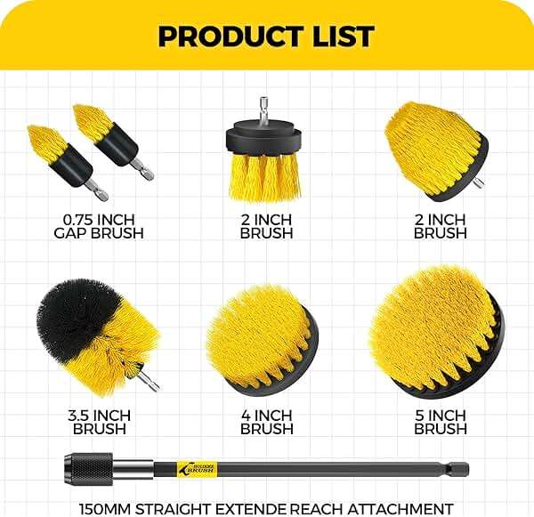 Holikme 8 Piece Drill Brush Attachments Set, Power Scrubber with Extend Long Attachment，Cleaning Supplies for Bathtub, Shower, Grout, Tile(Yellow) - Image 2