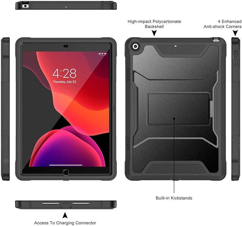 Soke Case for iPad 9th/8th/7th Generation 10.2-Inch (2021/2020/2019 Release), with Built-in Screen Protector and Kickstand, Rugged Full Body Protective Cover for Apple iPad 10.2 Inch - Black - Image 3