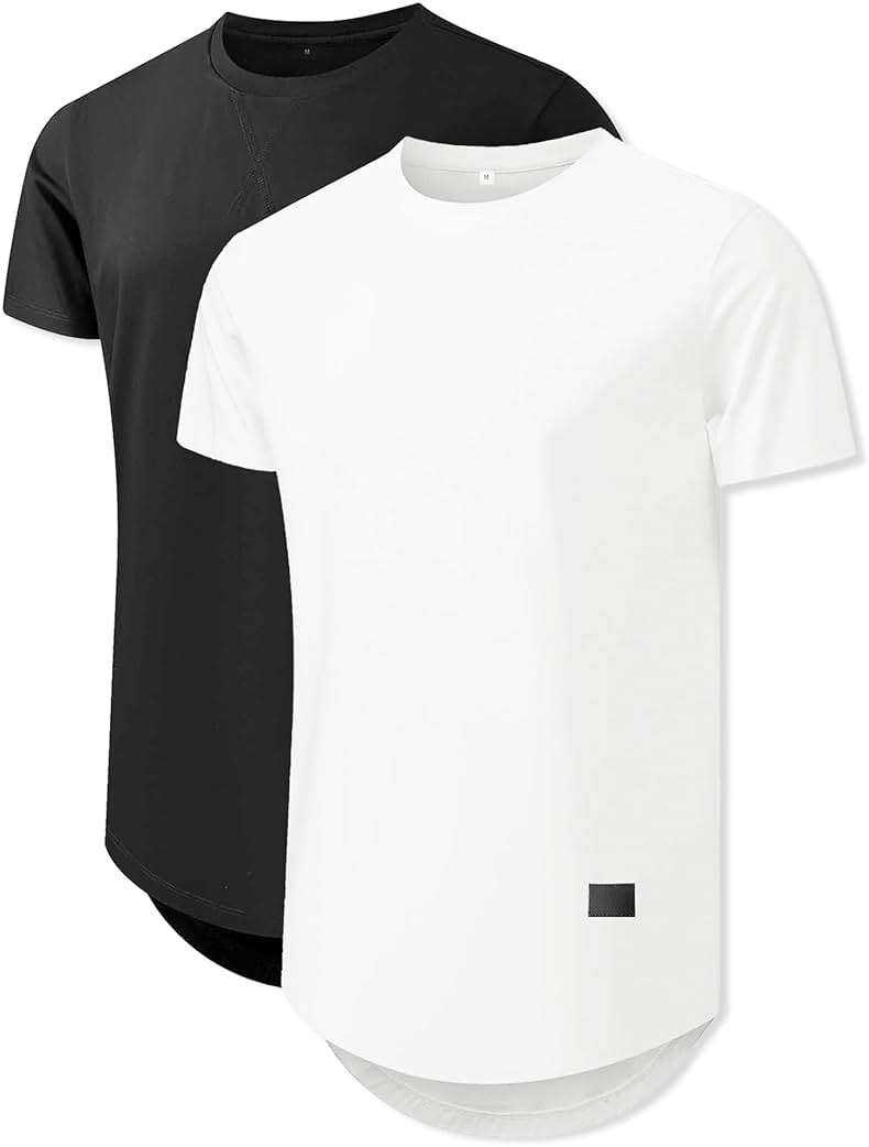 Comdecevis Mens Short Sleeve T-Shirts Crewneck Curved Hem Cotton Tees Hipster Hip Hop Longline Shirts - Image 1