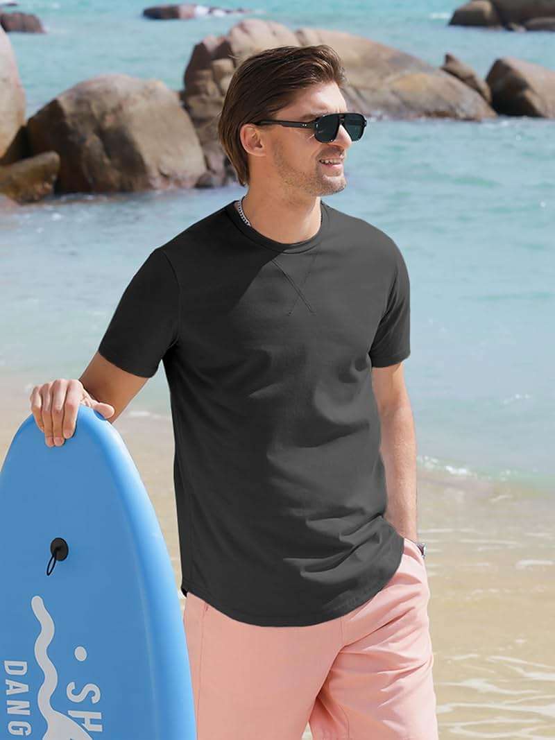 Comdecevis Mens Short Sleeve T-Shirts Crewneck Curved Hem Cotton Tees Hipster Hip Hop Longline Shirts - Image 2