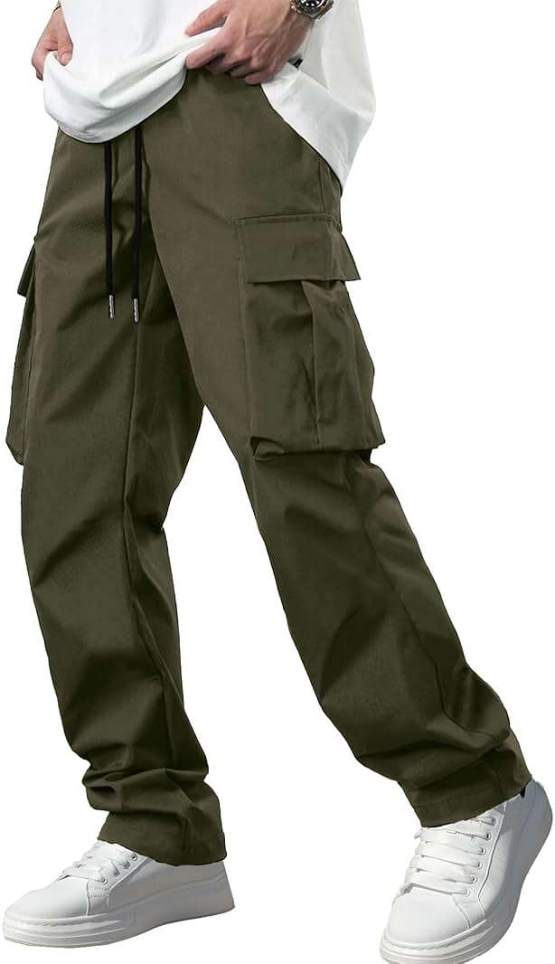 Comdecevis Men's Casual Cargo Pants Workout Joggers Stretch Sweatpants Hiking Drawstring Tactical Pants with Multi Pockets - Image 1