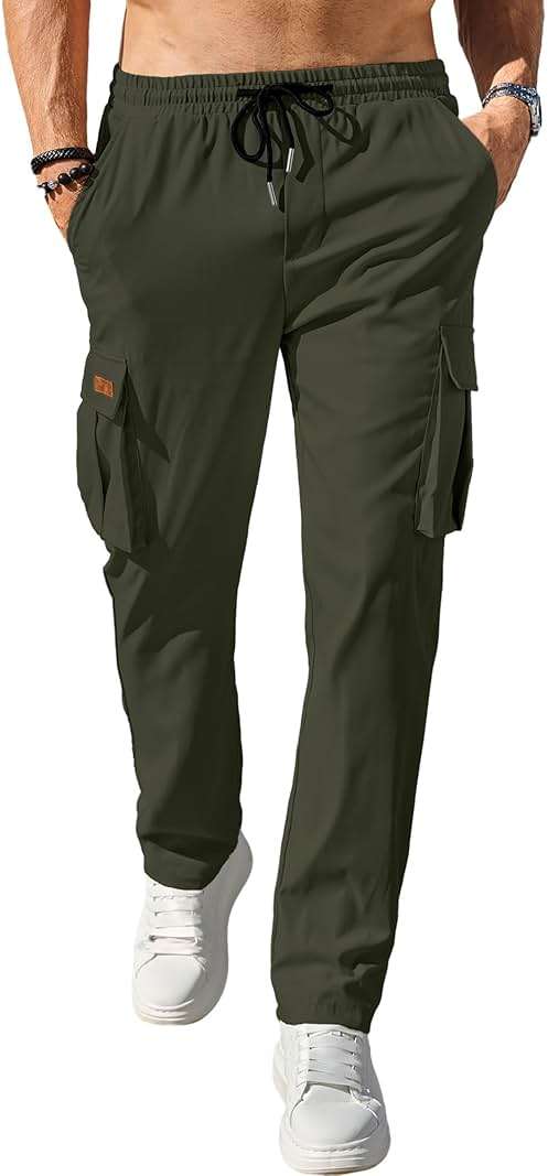 Comdecevis Men's Casual Cargo Pants Workout Joggers Stretch Sweatpants Hiking Drawstring Tactical Pants with Multi Pockets - Image 2