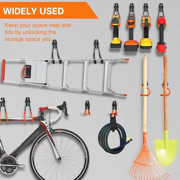 HUPBIPY Heavy Duty Garage Hooks 4 Pack, J Shaped Hanger, Wall Mounted Storage System, Power and Garden Tool Organizer, for Hanging Ladders, Bikes Tires, Hose, Bulk Items - Image 7