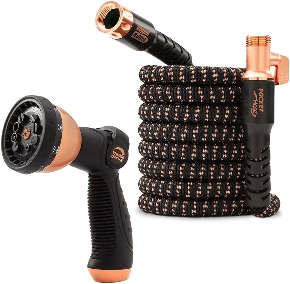 Pocket Hose 50 FT Copper Bullet Expandable Garden Hose w/10 Pattern Thumb Spray Nozzle AS SEEN ON TV 650psi 3/4 in Patented Lead-Free Ultra-Lightweight Solid Copper Anodized Aluminum - Image 1