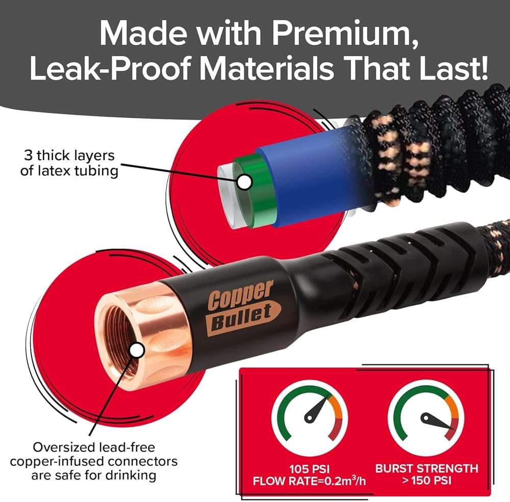 Pocket Hose 50 FT Copper Bullet Expandable Garden Hose w/10 Pattern Thumb Spray Nozzle AS SEEN ON TV 650psi 3/4 in Patented Lead-Free Ultra-Lightweight Solid Copper Anodized Aluminum - Image 5