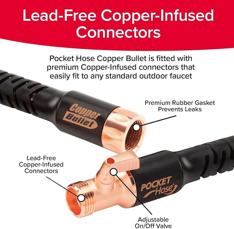 Pocket Hose 75 FT Copper Bullet Expandable Garden Hose w/10 Pattern Thumb Spray Nozzle AS SEEN ON TV 650psi 3/4 in Patented Lead-Free Ultra-Lightweight Solid Copper Anodized Aluminum - Image 6
