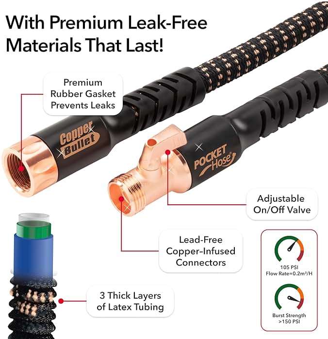 Pocket Hose 25 FT Copper Bullet Expandable Garden Hose w/10 Pattern Thumb Spray Nozzle AS SEEN ON TV 650psi 3/4 in Patented Lead-Free Ultra-Lightweight Solid Copper Anodized Aluminum - Image 5