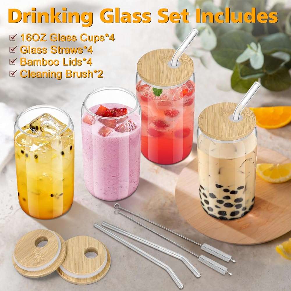 sungwoo 4PCS Glass Cups with Bamboo Lids and Straws, 16OZ Ice Coffee Cup, Drinking Cup set with Wooden Lids, Home Essential Glass Tumblers for Beer, Cocktail, Tea and Latte Clear - Image 2