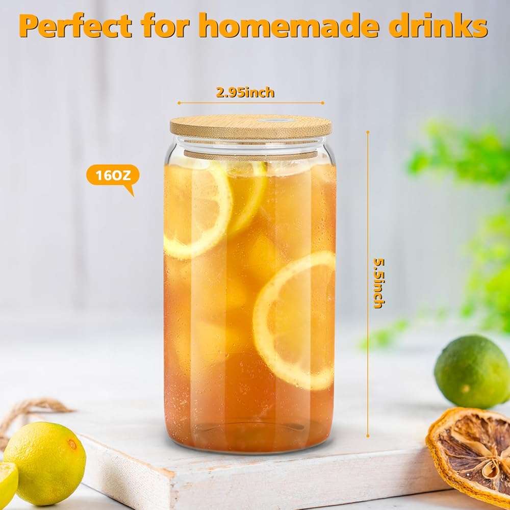 sungwoo 4PCS Glass Cups with Bamboo Lids and Straws, 16OZ Ice Coffee Cup, Drinking Cup set with Wooden Lids, Home Essential Glass Tumblers for Beer, Cocktail, Tea and Latte Clear - Image 3