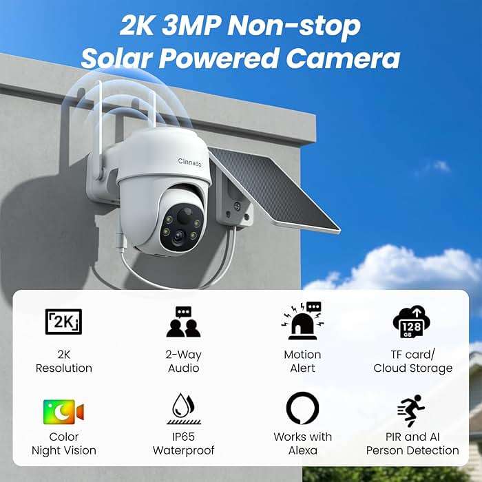 2K Cameras for Home Security-2.4G WiFi Outdoor Camera Wireless Solar/Battery Powered with solar panel, 360° Viewing, AI Human Detection, Color Night Vision, with SD Storage, Works with Alexa(2 Pack) - Image 2
