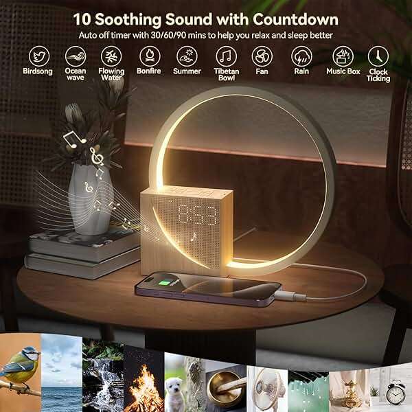 Vivilumens Sunrise Alarm Clock for Heavy Sleepers Adults, Wake-up Light, Sleep Aid 10 White Noise Sound Machines with 30/60/90 Timer, 3 Level Dimmable Touch Table Lamp with Snooze USB Charger Port - Image 4