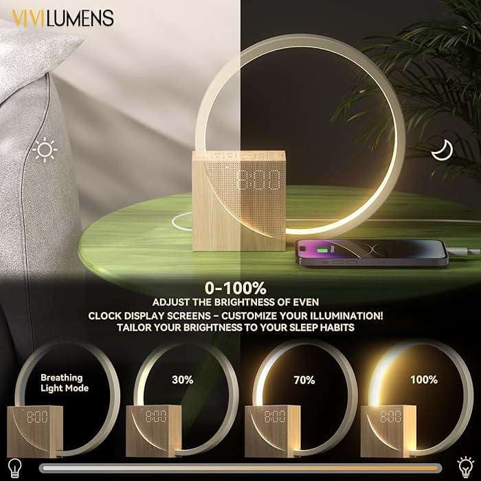 Vivilumens Sunrise Alarm Clock for Heavy Sleepers Adults, Wake-up Light, Sleep Aid 10 White Noise Sound Machines with 30/60/90 Timer, 3 Level Dimmable Touch Table Lamp with Snooze USB Charger Port - Image 6