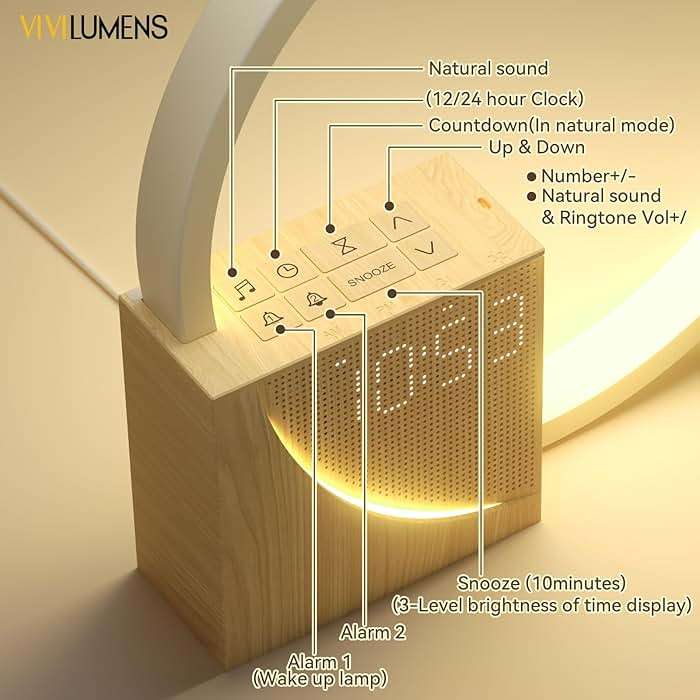 Vivilumens Sunrise Alarm Clock for Heavy Sleepers Adults, Wake-up Light, Sleep Aid 10 White Noise Sound Machines with 30/60/90 Timer, 3 Level Dimmable Touch Table Lamp with Snooze USB Charger Port - Image 8