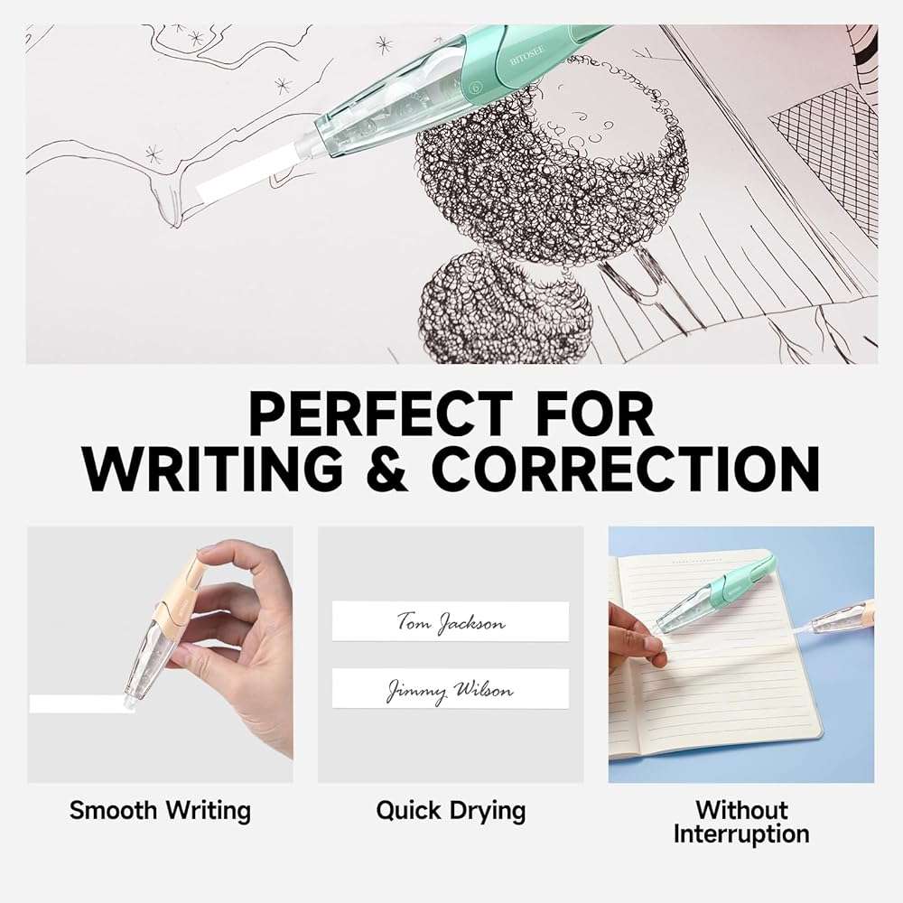 BITOSEE White Correction Tape, Retractable Refillable Correction Tape, With Smooth Pull Out Tape Applicator, Aesthetic Cute Correction Pen for Office Supplies - Image 3