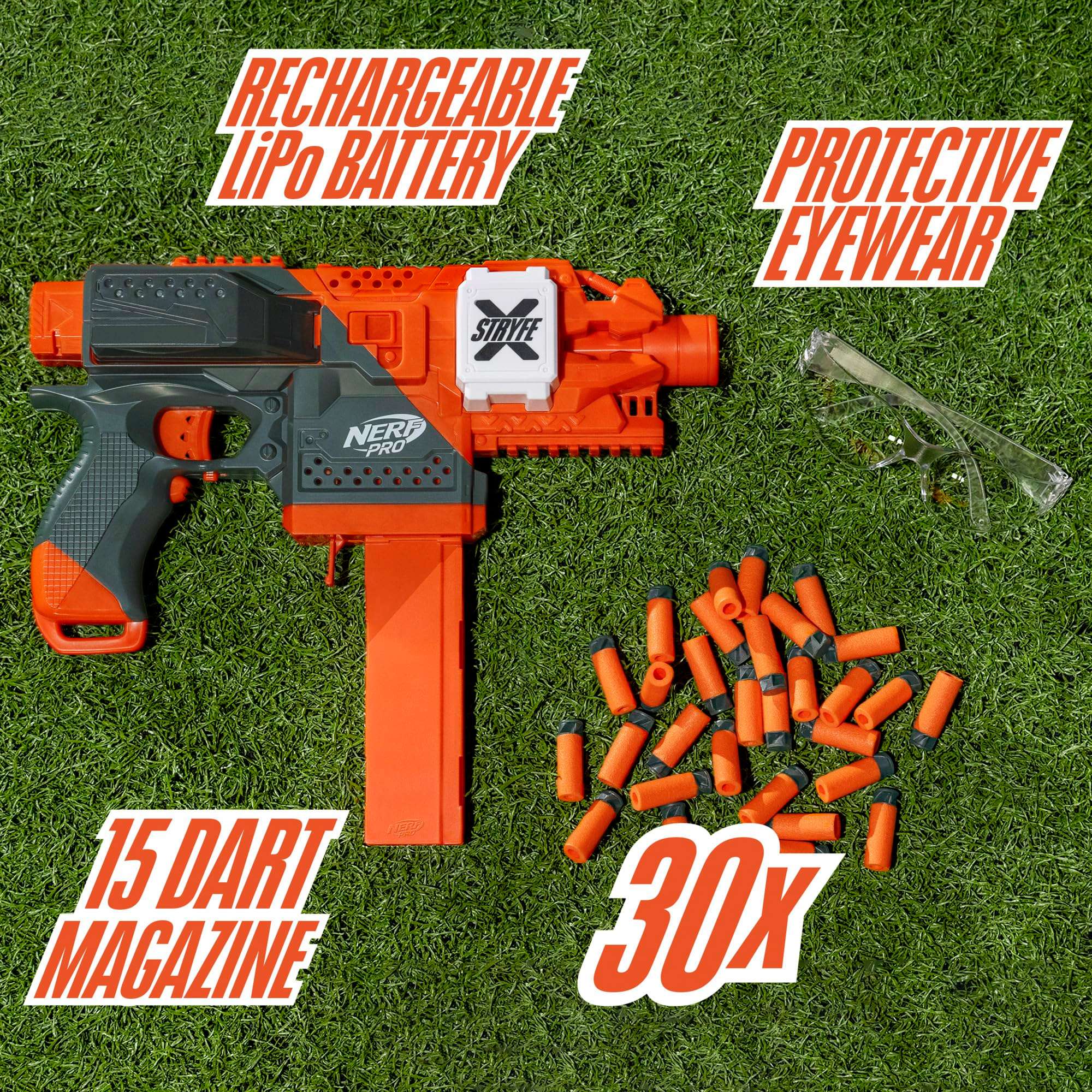 NERF Pro Stryfe X Dart Semi-Auto Blaster, Rechargeable LiPo Battery, 30 AccuStrike Half-Length Darts, 15-Dart Magazine, 150 FPS, Eyewear, 14+ (Amazon Exclusive) - Image 2