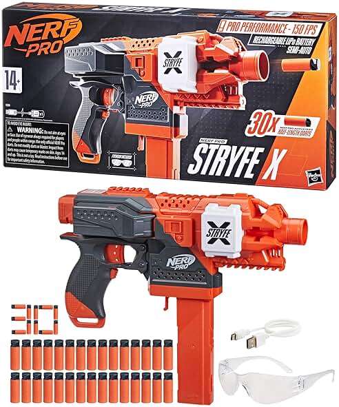 NERF Pro Stryfe X Dart Semi-Auto Blaster, Rechargeable LiPo Battery, 30 AccuStrike Half-Length Darts, 15-Dart Magazine, 150 FPS, Eyewear, 14+ (Amazon Exclusive) - Image 14