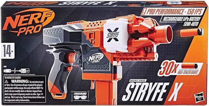 NERF Pro Stryfe X Dart Semi-Auto Blaster, Rechargeable LiPo Battery, 30 AccuStrike Half-Length Darts, 15-Dart Magazine, 150 FPS, Eyewear, 14+ (Amazon Exclusive) - Image 3