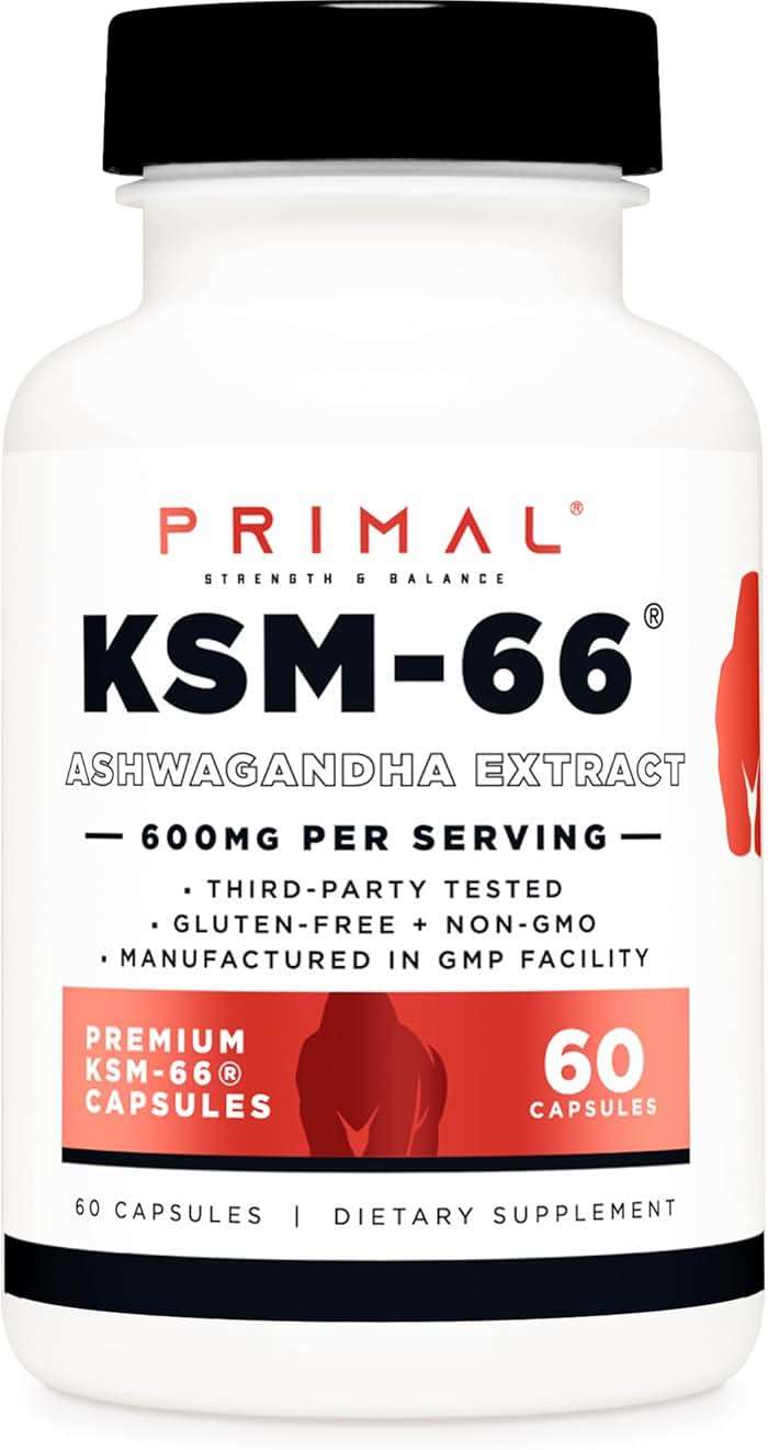 Primal KSM-66 Ashwagandha Complex (60 Capsules / 60 Servings, 600 mg Per Serving) - KSM-66 Ashwagandha with Black Pepper Extract, Gluten Free, Non-GMO - Image 1