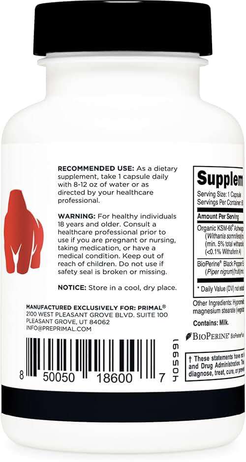 Primal KSM-66 Ashwagandha Complex (60 Capsules / 60 Servings, 600 mg Per Serving) - KSM-66 Ashwagandha with Black Pepper Extract, Gluten Free, Non-GMO - Image 3