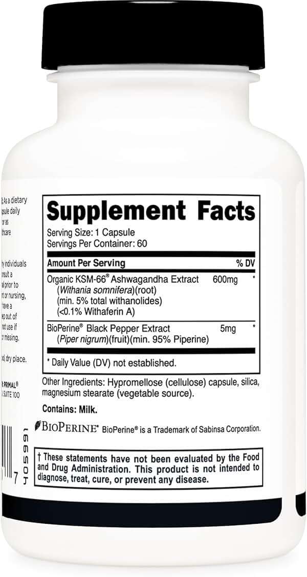 Primal KSM-66 Ashwagandha Complex (60 Capsules / 60 Servings, 600 mg Per Serving) - KSM-66 Ashwagandha with Black Pepper Extract, Gluten Free, Non-GMO - Image 4
